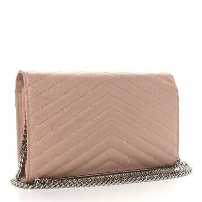 Saint Laurent Grain De Poudre Matelasse Chevron Monogram Chain Wallet Pale Pink 3 of 12