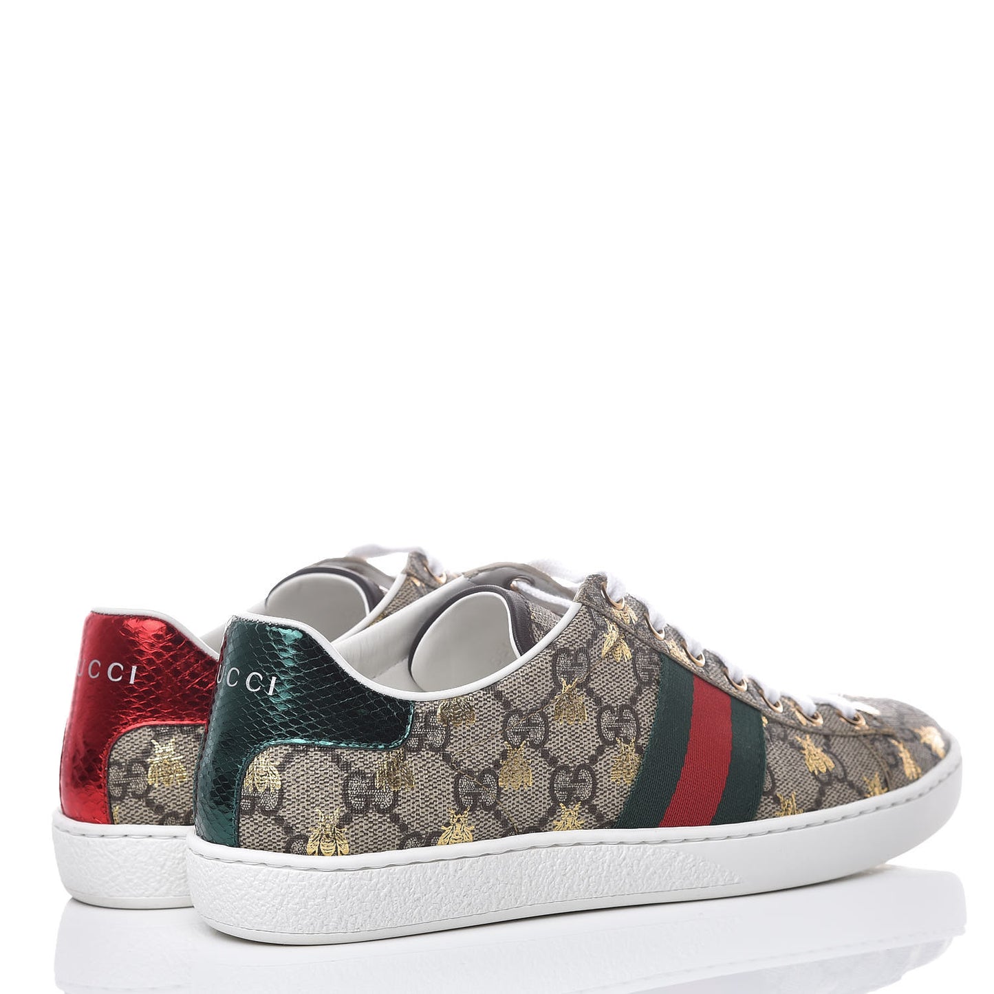 GG Supreme Monogram Bees Ayers Web Womens Ace Sneakers 37 Beige Oro Green Red