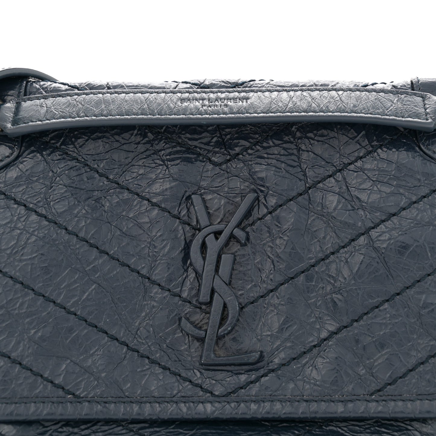 Crinkled Calfskin Matelasse Monogram Baby Niki Chain Satchel Navy