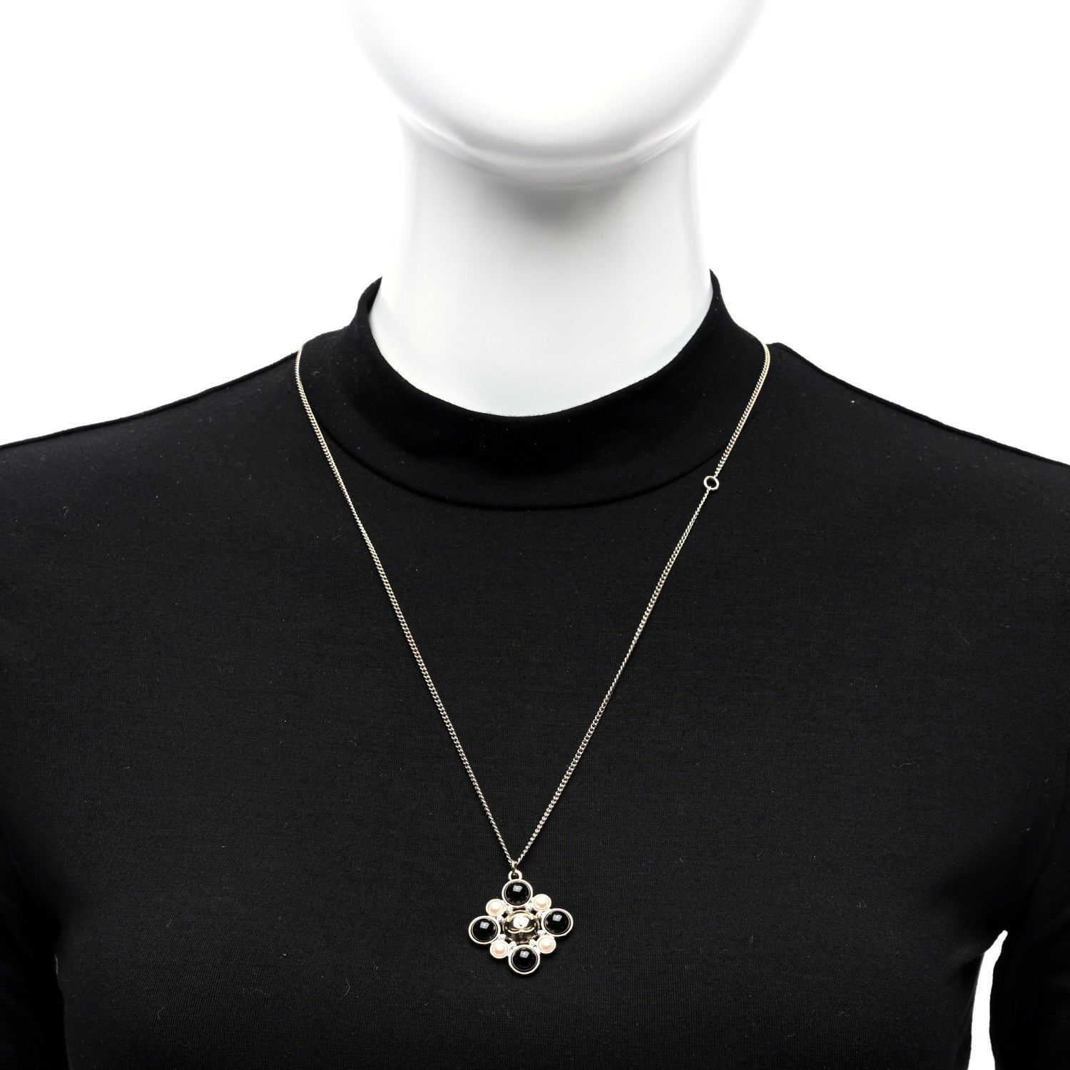 Chanel Metal Pearl Crystal Resin Polka Dot Gripoix CC Pendant Necklace Gold Pearly White Black 2 of 5