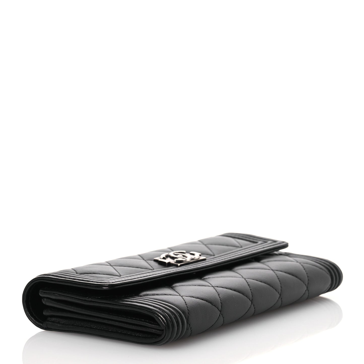 Lambskin Quilted Large Boy Gusset Flap Wallet Black