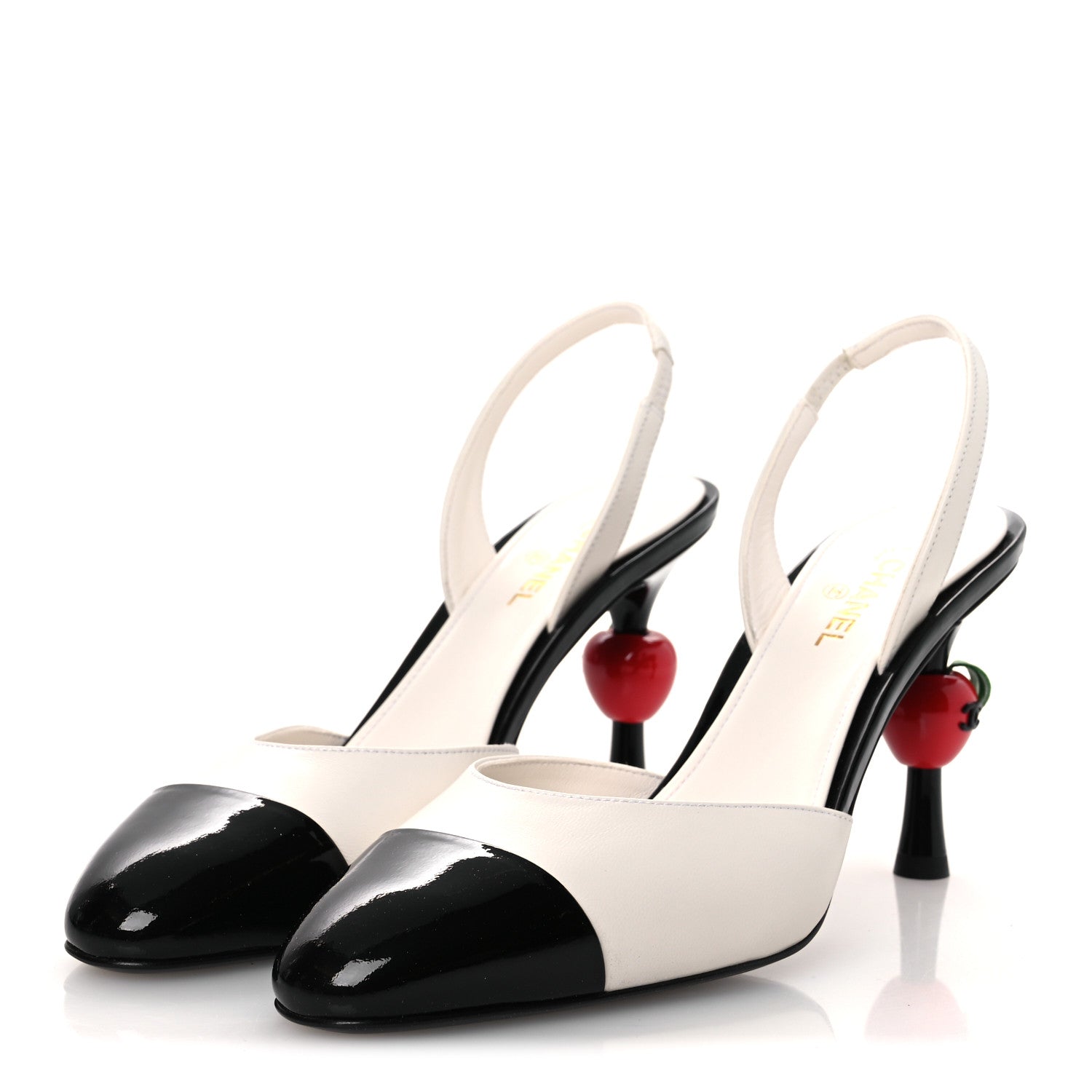 Chanel Lambskin Patent Cap Toe CC Apple Slingback Pumps 39 White Black 4 of 11