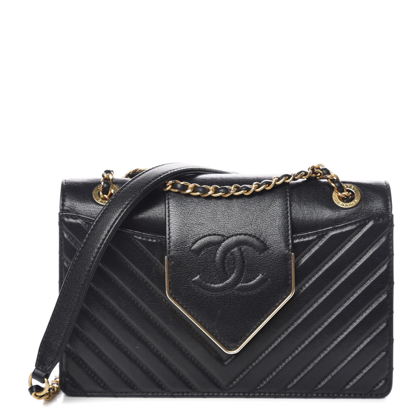 Shiny Sheepskin Chevron Quilted Collar and Tie Mini Flap Black