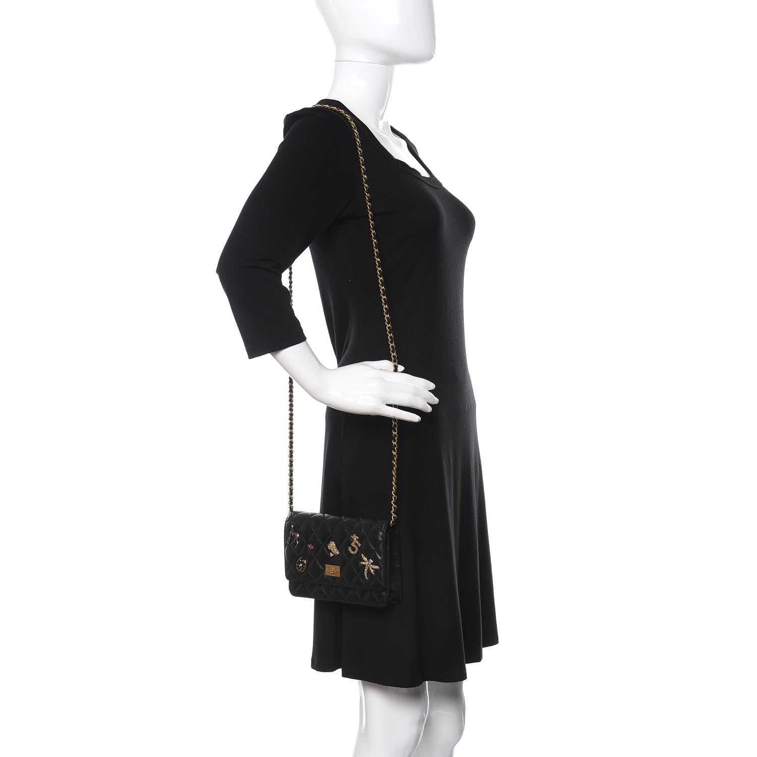 Chanel Aged Calfskin Quilted Lucky Charms 2.55 Reissue Wallet On Chain WOC Black 2 of 12