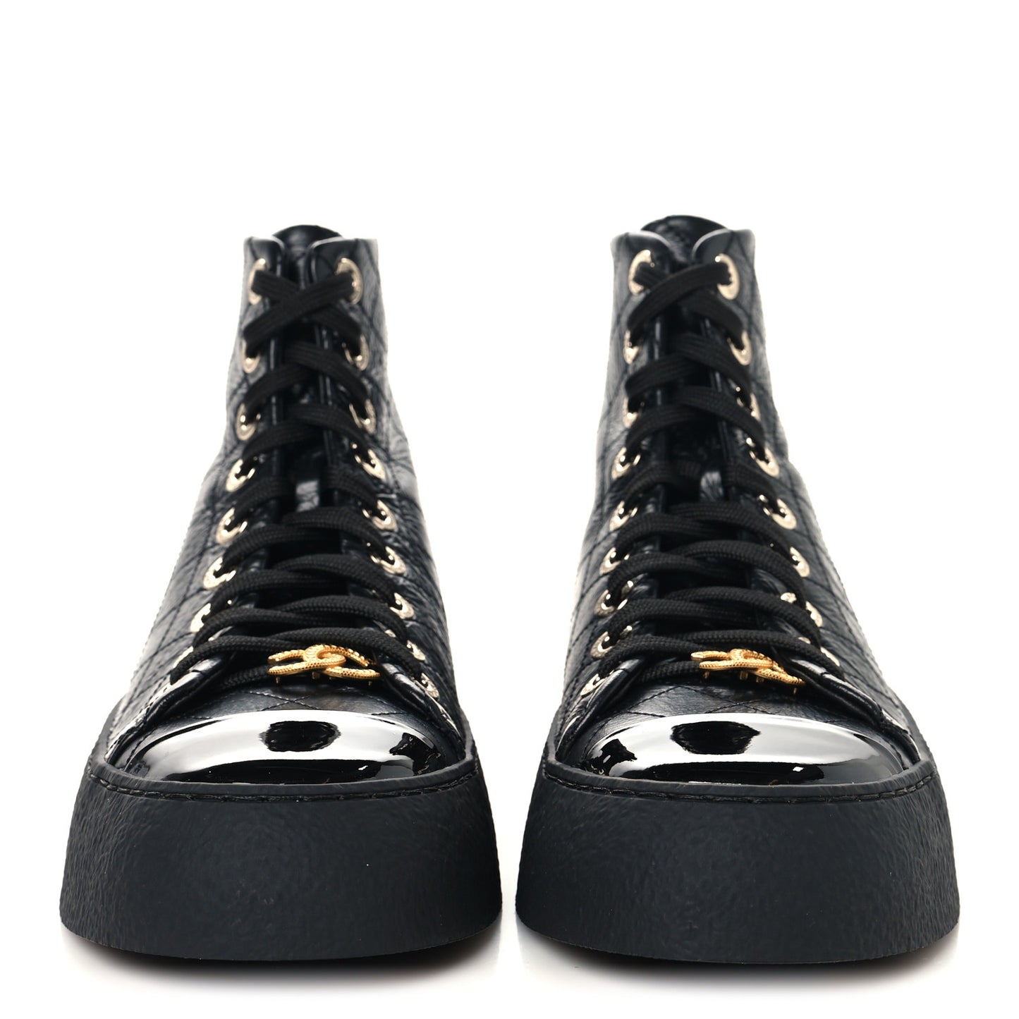 Crumpled Lambskin Patent Cap Toe CC Stitched High Top Sneakers 37.5 Black