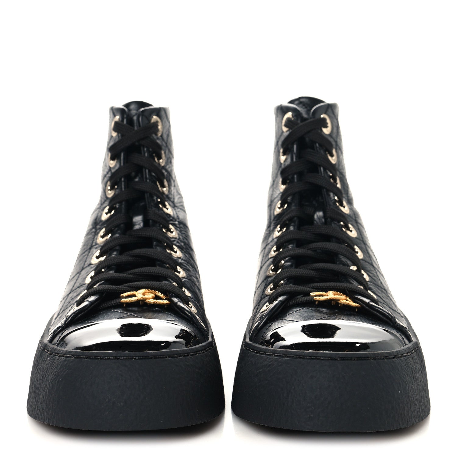 Chanel Crumpled Lambskin Patent Cap Toe CC Stitched High Top Sneakers 37.5 Black 3 of 8