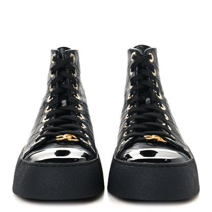 Chanel Crumpled Lambskin Patent Cap Toe CC Stitched High Top Sneakers 37.5 Black 3 of 8