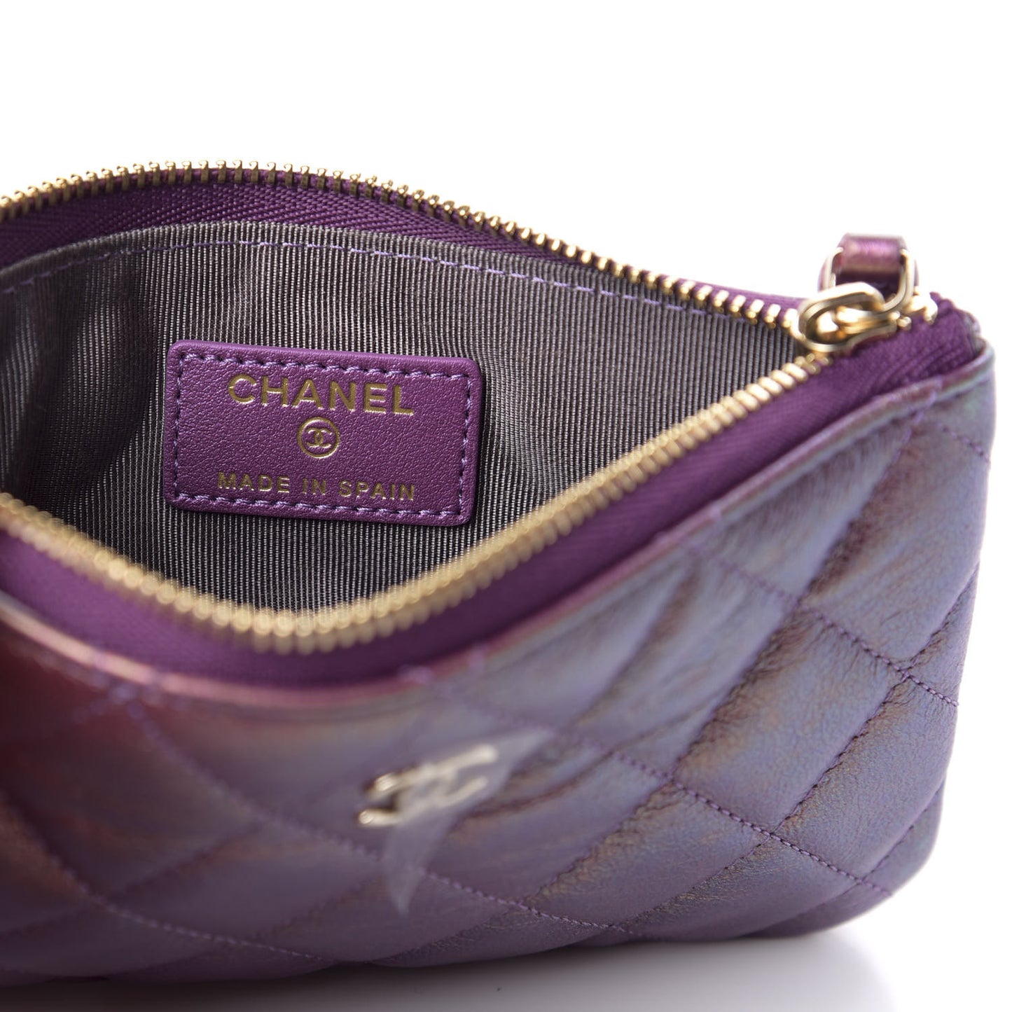 Iridescent Lambskin Quilted Small Cosmetic Case Purple