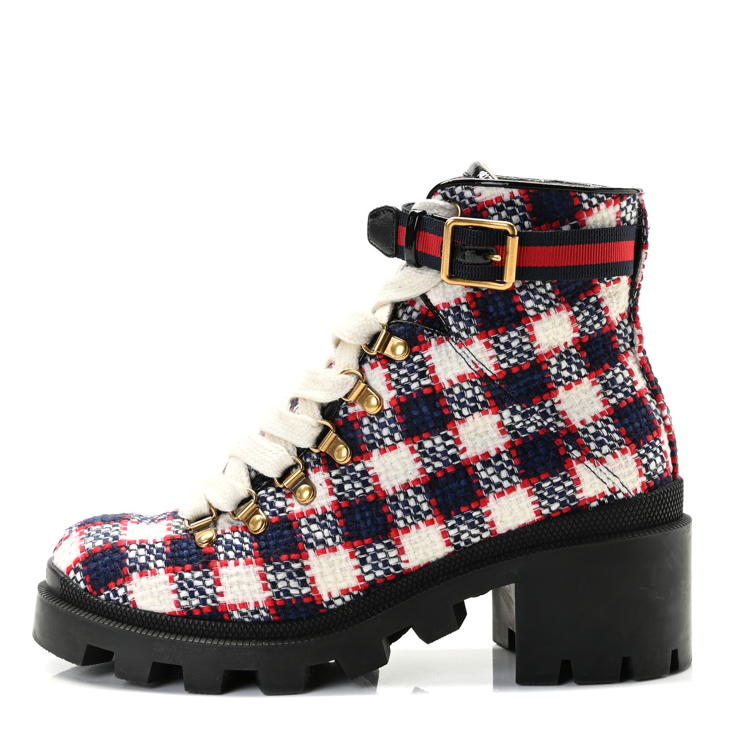 Gucci Vintage Tweed Check Lace Up Combat Ankle Boots 39 White Hibiscus Red Marine 1 of 12