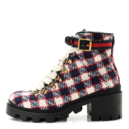 Gucci Vintage Tweed Check Lace Up Combat Ankle Boots 39 White Hibiscus Red Marine 1 of 12