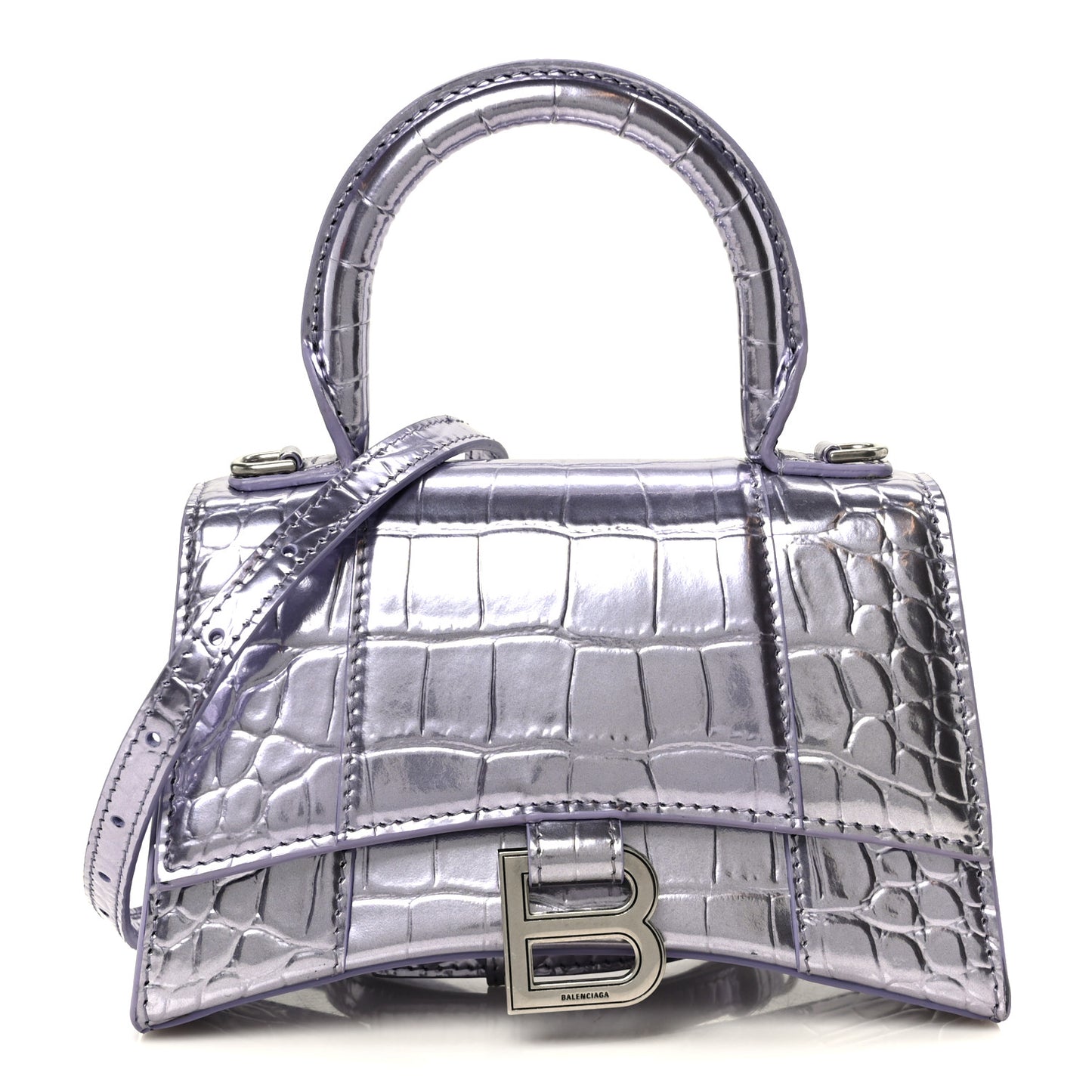 Metallic Calfskin Crocodile Embossed Hourglass Top Handle Bag XS Lilac