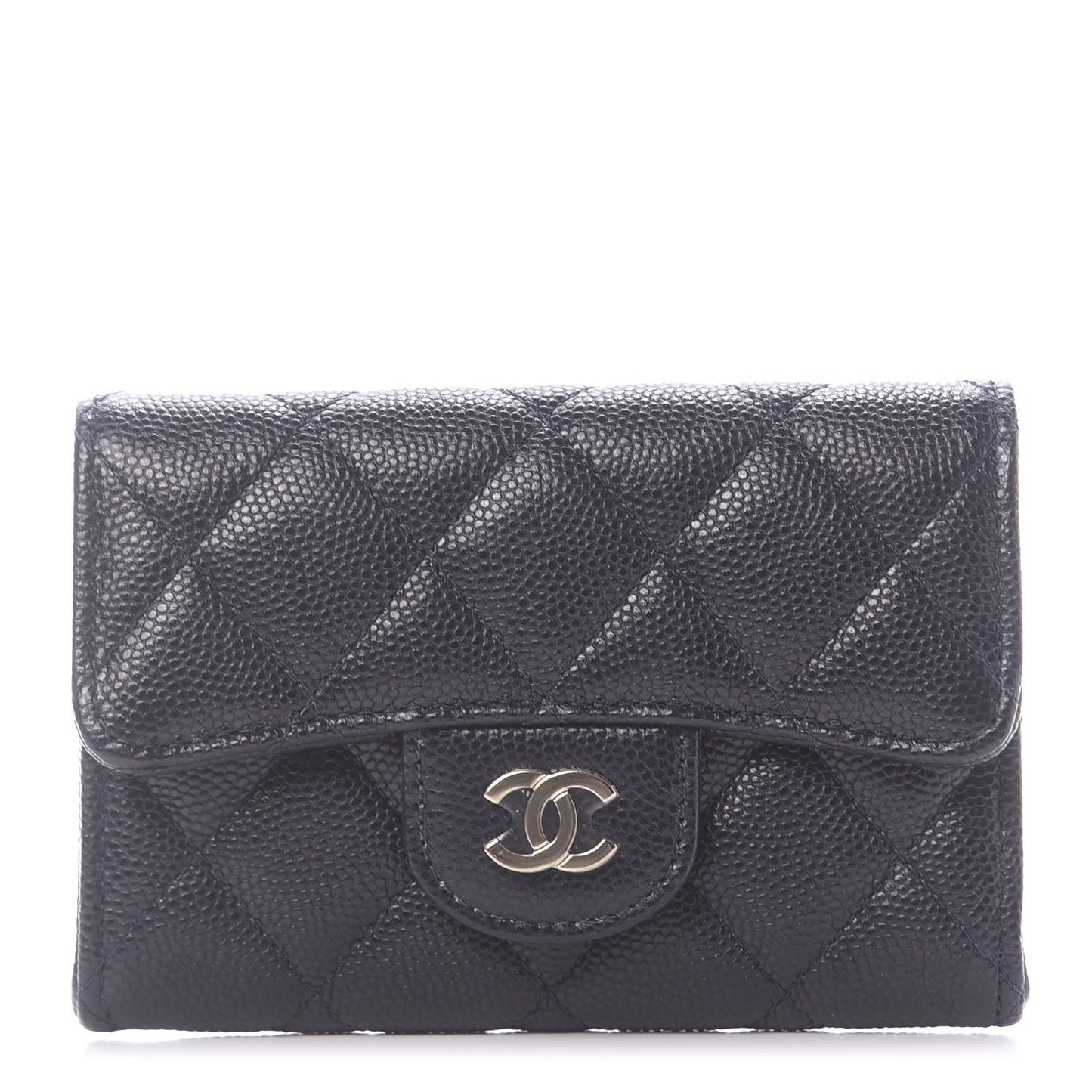 Caviar Quilted Flap Card Holder Wallet Navy Blue