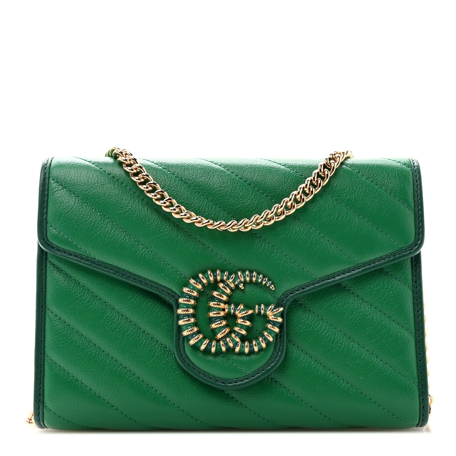 Gucci Azalea Calfskin Enamel Matelasse Diagonal Torchon GG Marmont Chain Wallet New Shamrock Emerald 1 of 10