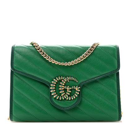 Gucci Azalea Calfskin Enamel Matelasse Diagonal Torchon GG Marmont Chain Wallet New Shamrock Emerald 1 of 10
