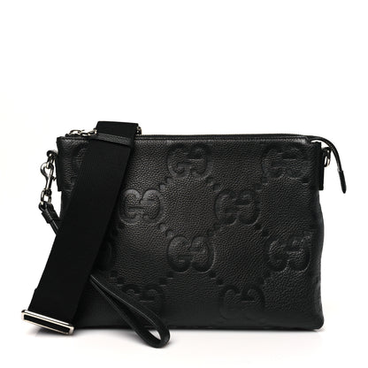 Gucci Piuma Calfskin Jumbo GG Embossed Medium Wristlet Messenger Bag Black 1 of 11