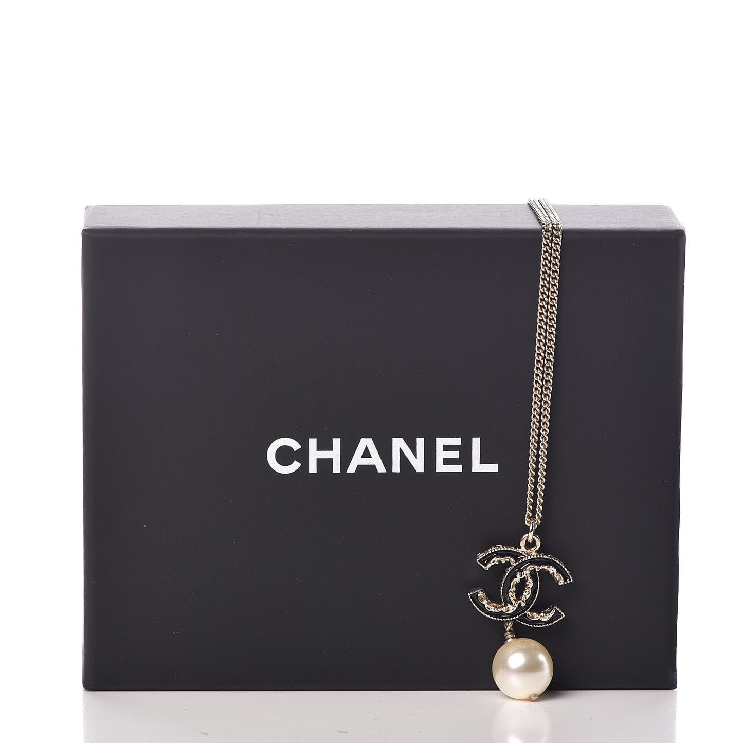 Enamel CC Baroque Pearl Drop Necklace Black Gold