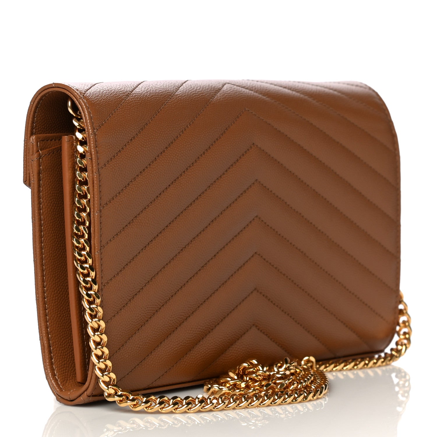 Saint Laurent Grain De Poudre Matelasse Chevron Monogram Chain Wallet Tan 4 of 11