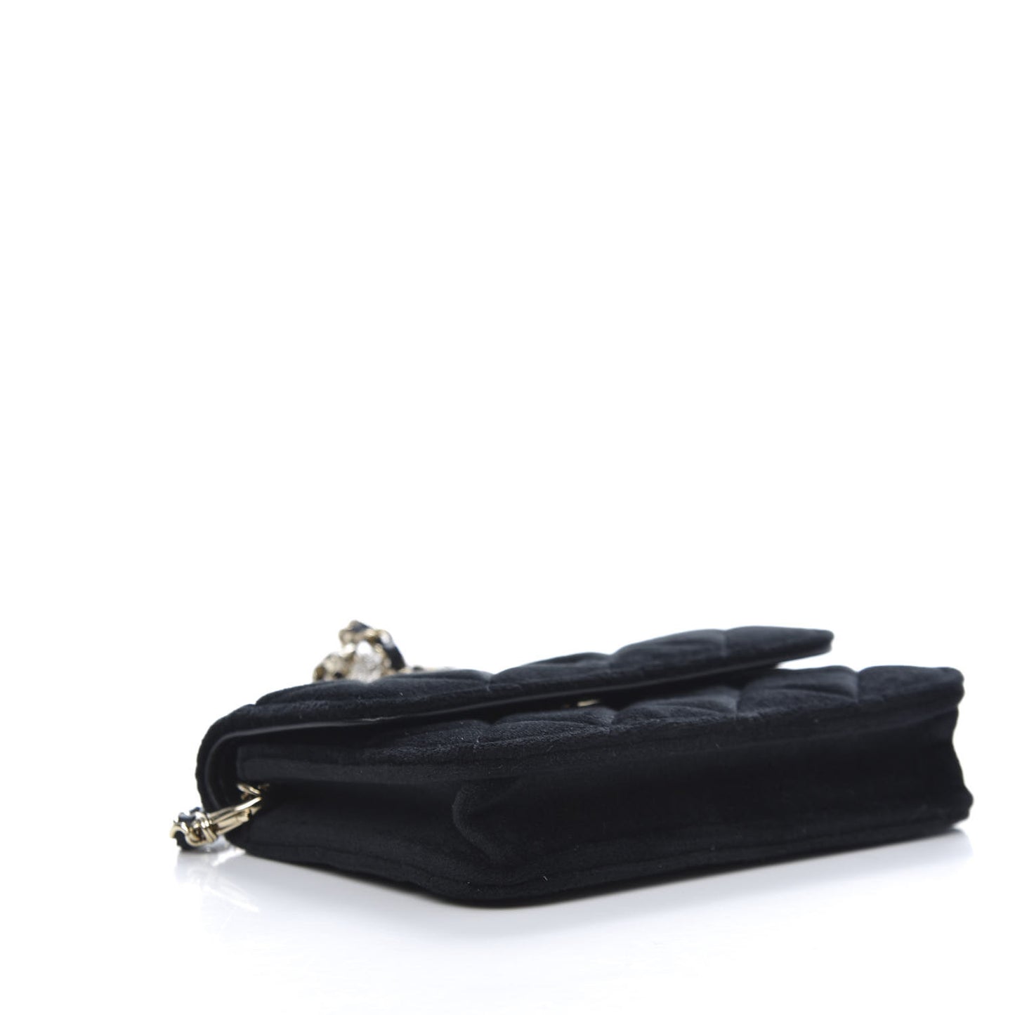 Velvet Quilted Pearl Crush Clutch With Chain Black