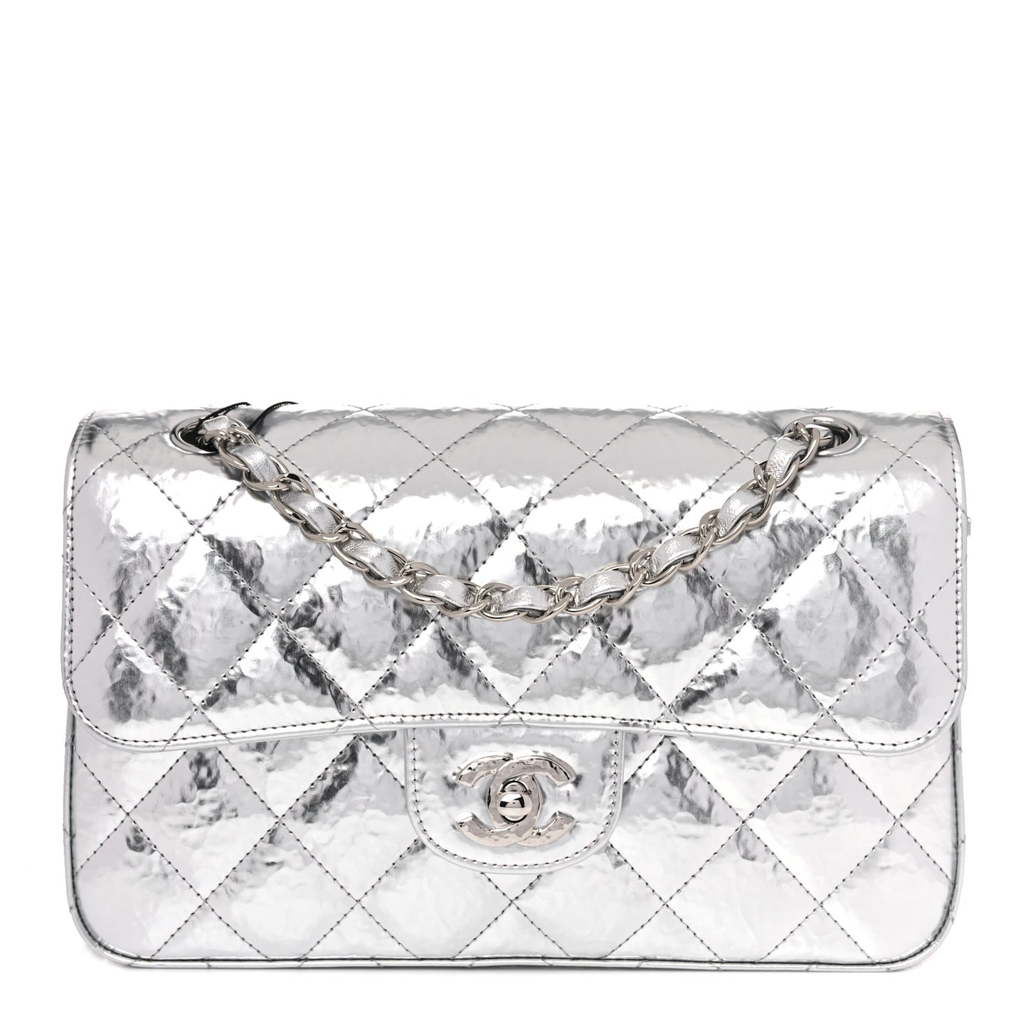 Hammered Metallic Calfskin Quilted Small Double Flap Silver