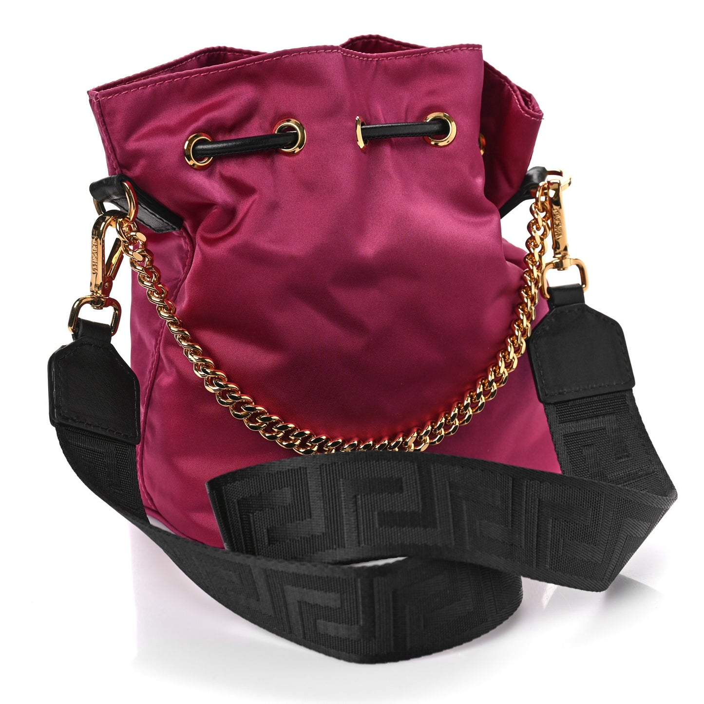 Nylon Medusa Drawstring Bucket Bag Dahlia Black