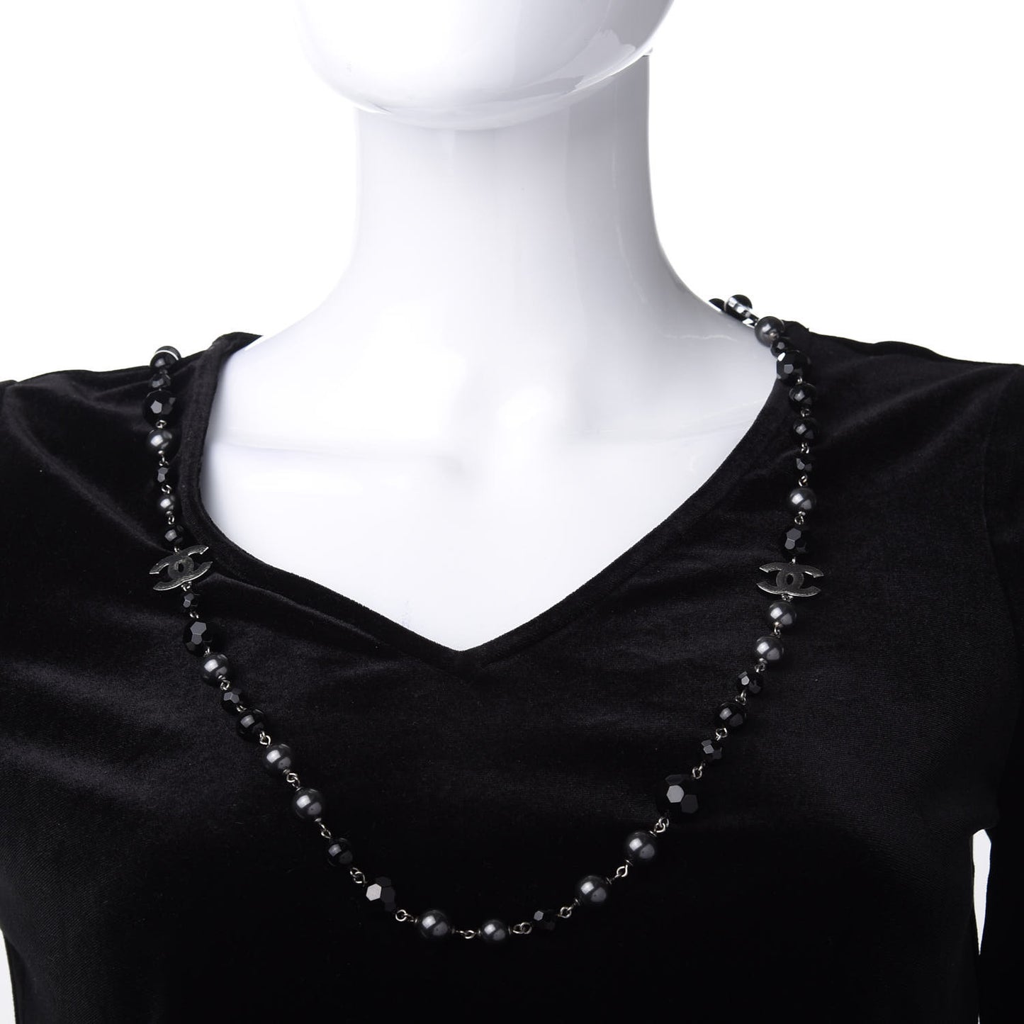 Ruthenium Pearl Beaded CC Long Necklace Black