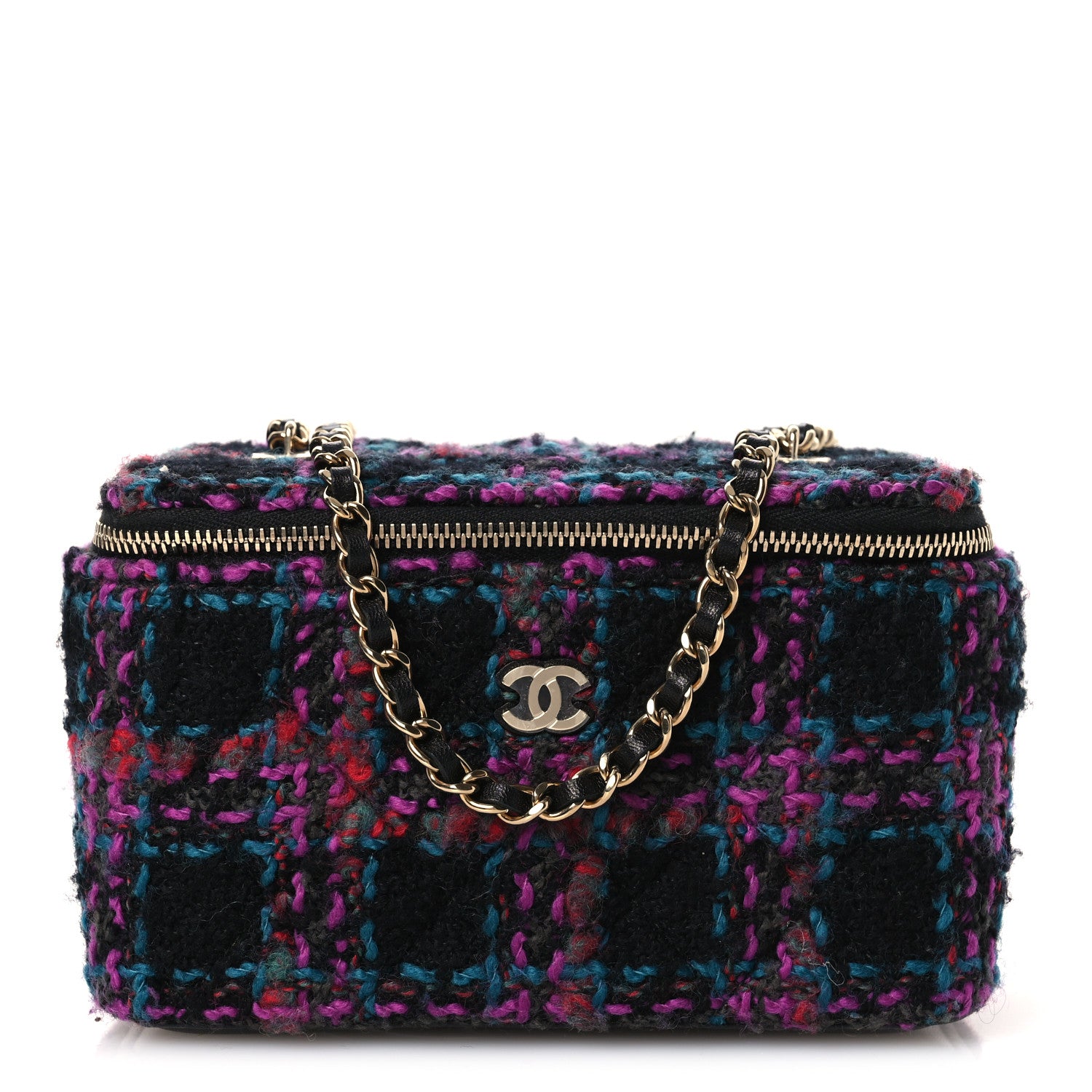 Chanel Tweed Quilted Small Vanity Case With Chain Black Purple Green Red 1 of 12