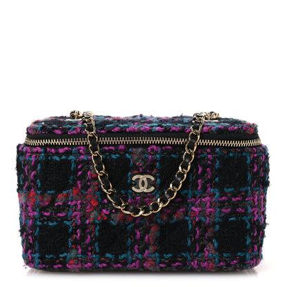 Chanel Tweed Quilted Small Vanity Case With Chain Black Purple Green Red 1 of 12