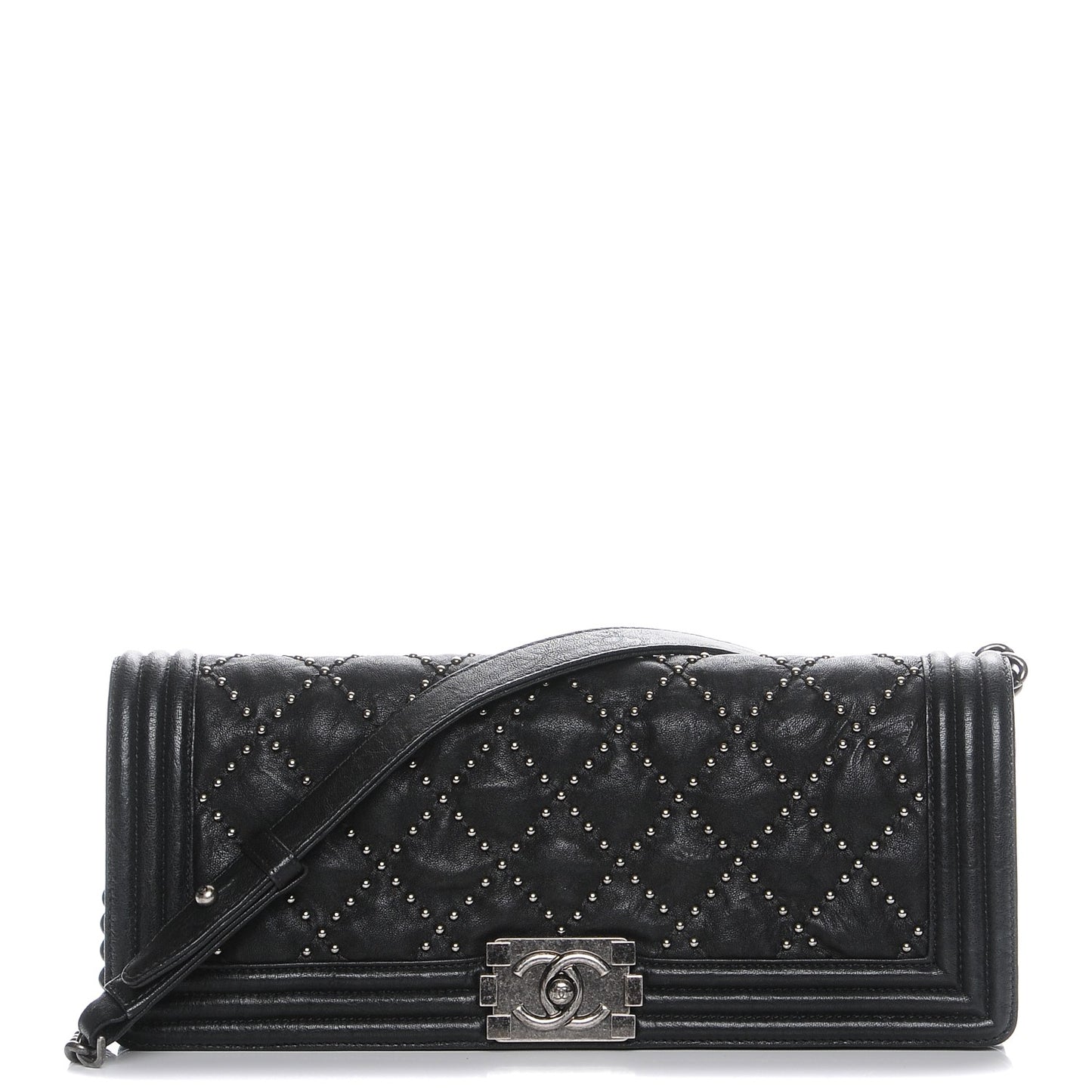 Crumpled Lambskin East West Studded Boy Flap Black