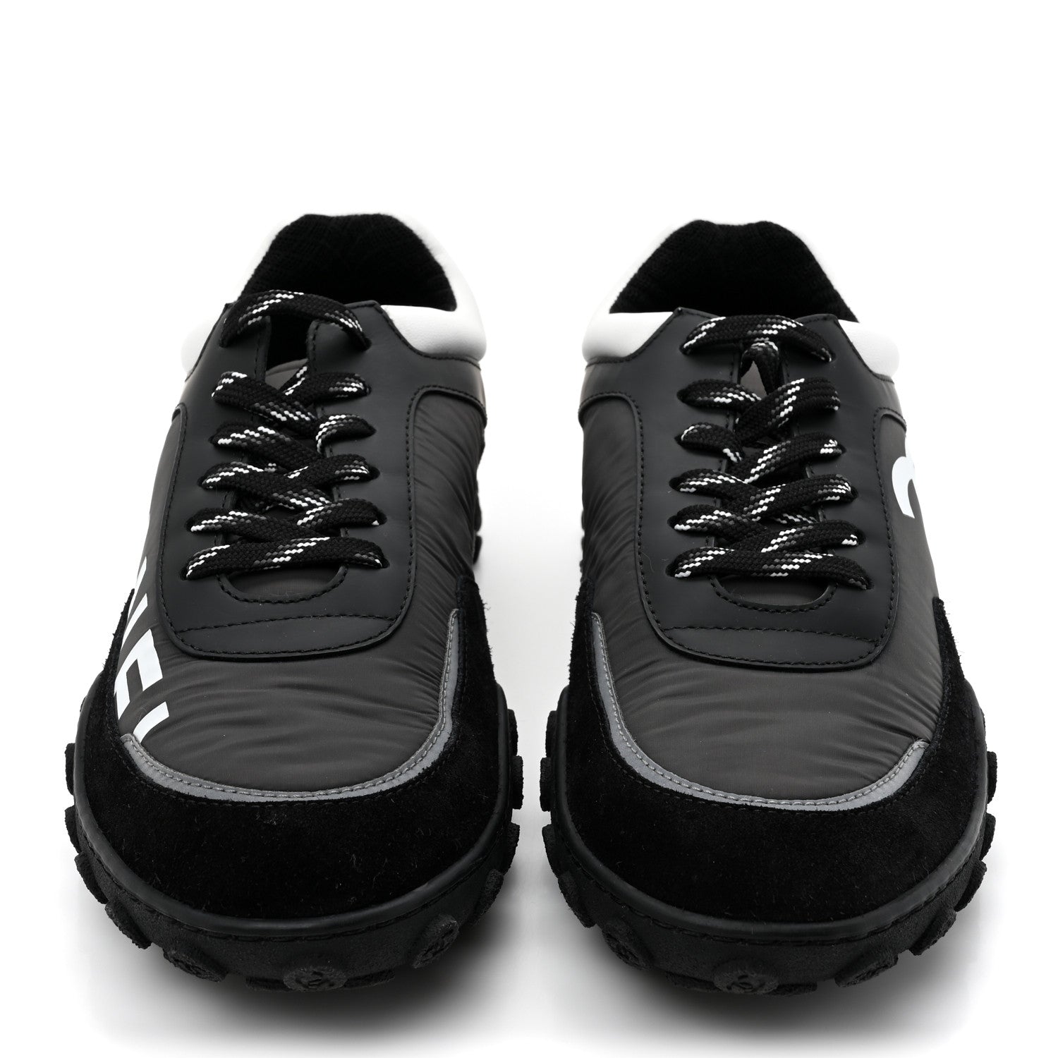 Chanel Nylon Calfskin Suede Womens CC Sneakers 40 Black Grey White 3 of 11