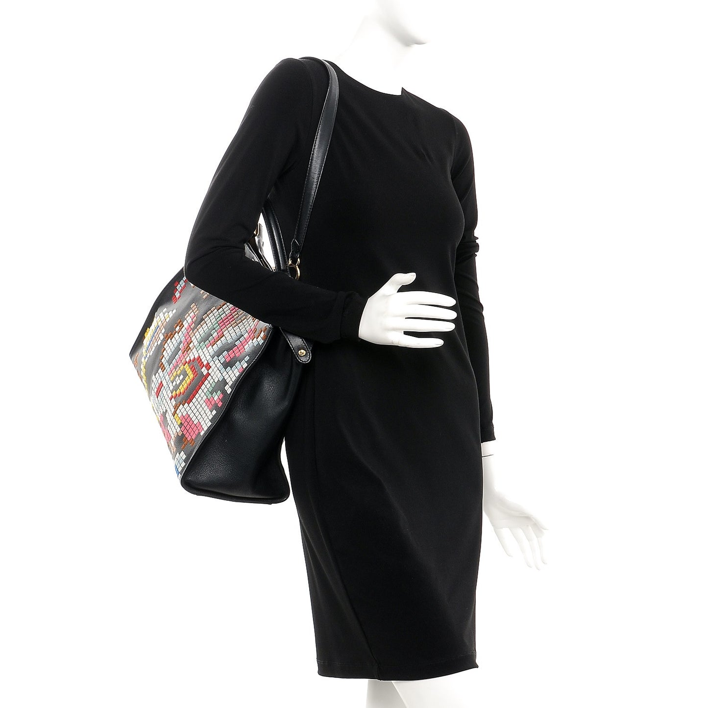 Calfskin Pixel Embroidered Large Peekaboo Iconic Satchel Black