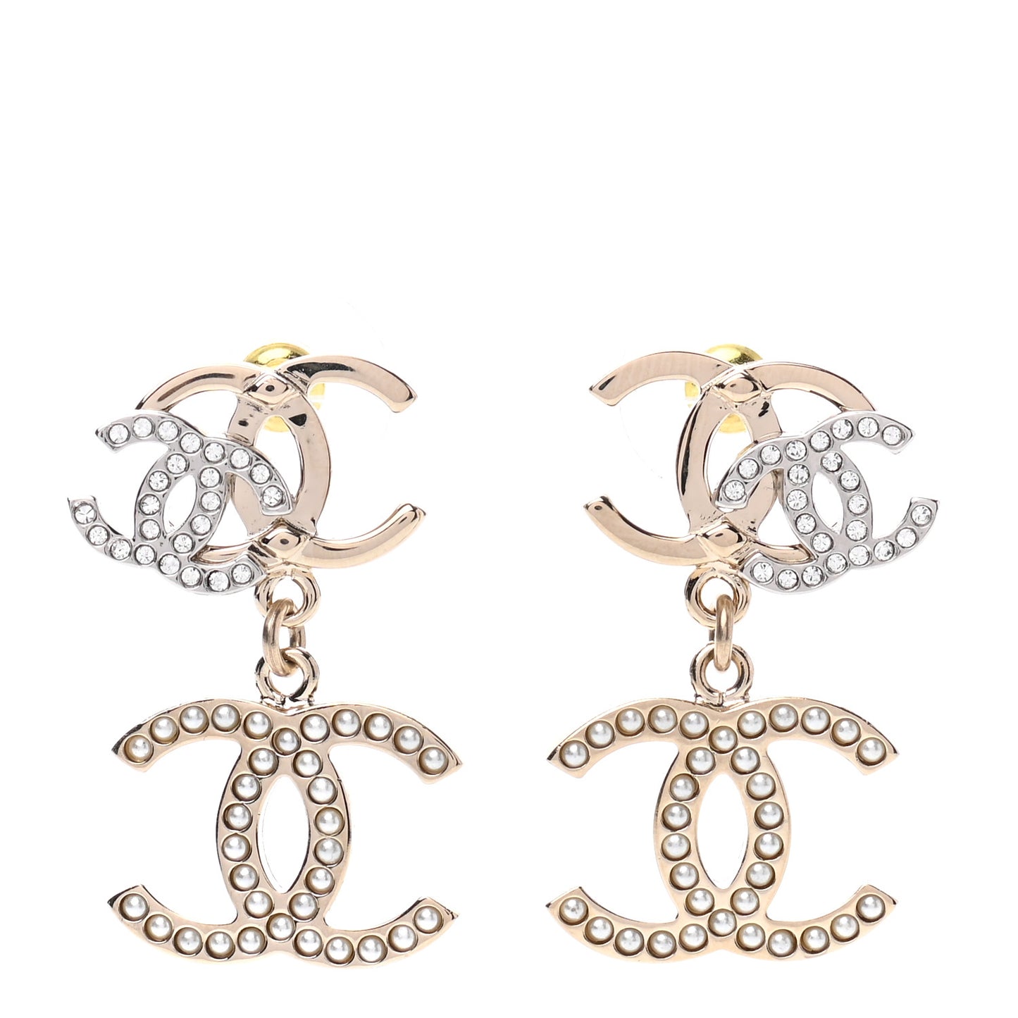 Crystal Pearl Double CC Drop Earrings Gold Silver