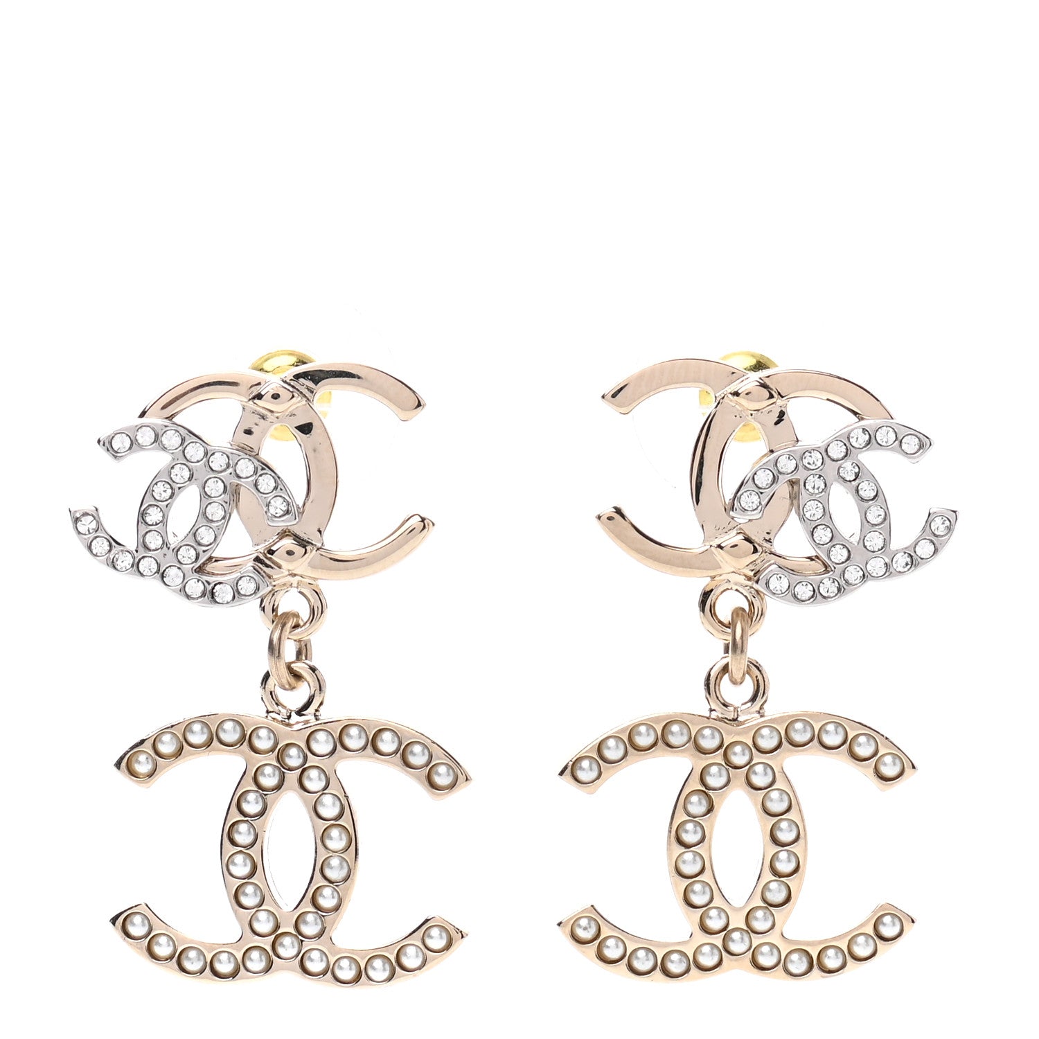 Chanel Crystal Pearl Double CC Drop Earrings Gold Silver 1 of 4