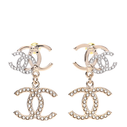 Chanel Crystal Pearl Double CC Drop Earrings Gold Silver 1 of 4