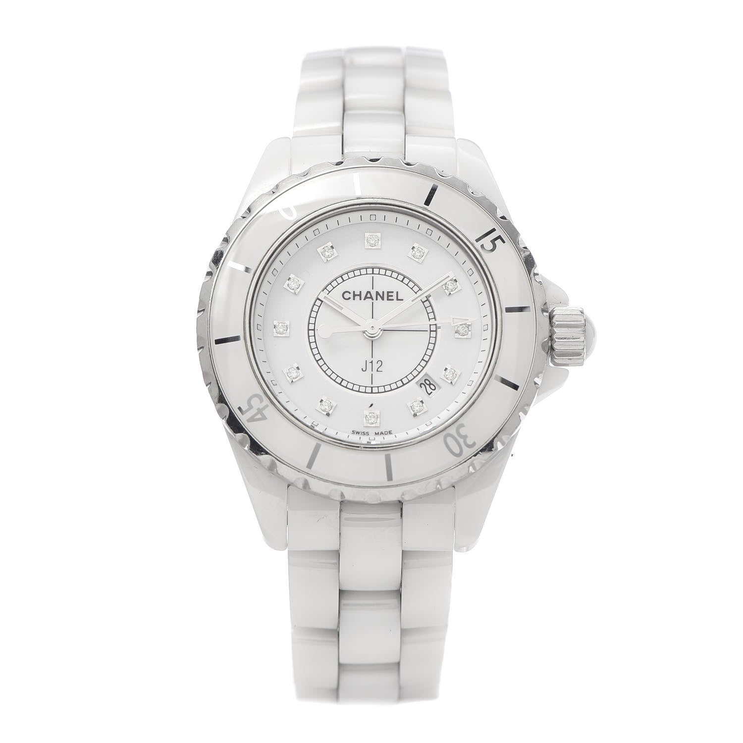 Chanel Stainless Steel Ceramic Diamond 33mm J12 Quartz Watch White 1 of 7