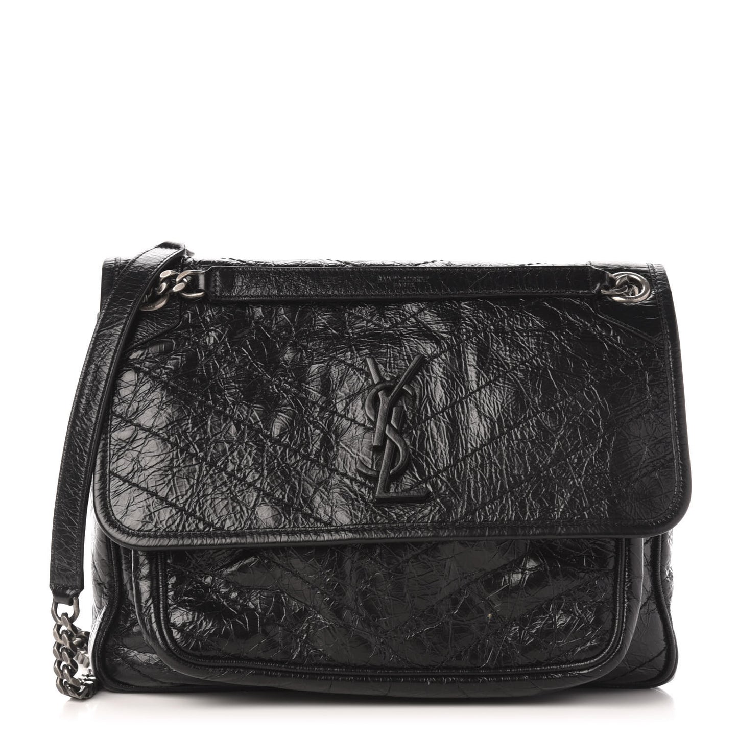 Crinkled Calfskin Matelasse Monogram Medium Niki Chain Satchel Black