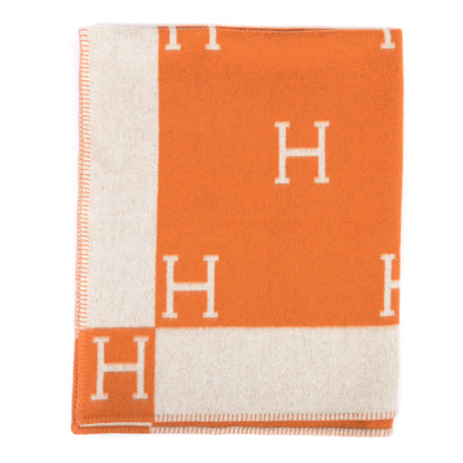 Hermes Wool Cashmere Signature Classic Avalon Blanket Ecru Potiron 1 of 5