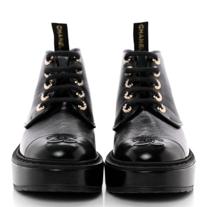 Chanel Shiny Calfskin Pearl Lace Up Combat Short Boots 35 Black 2 of 12