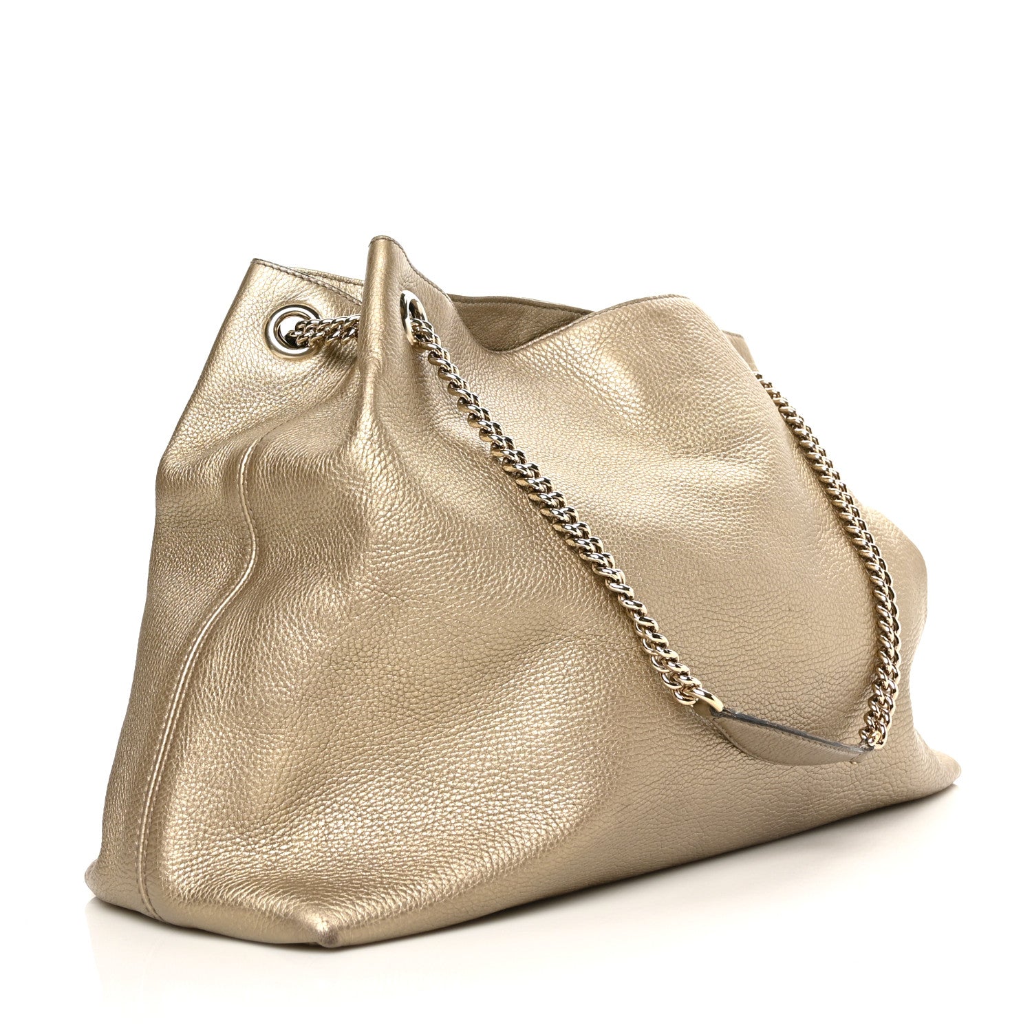 Gucci Metallic Pebbled Calfskin Large Soho Chain Shoulder Bag Golden Beige 2 of 7