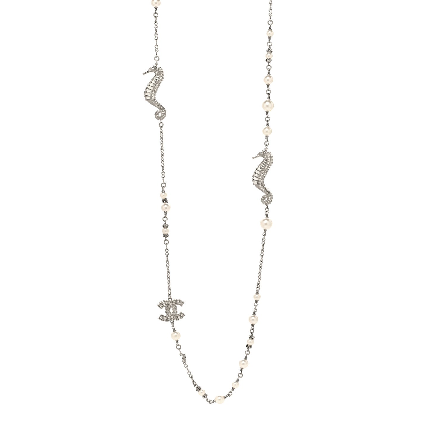 Crystal Baguette Pearl CC Seahorse Long Necklace Silver