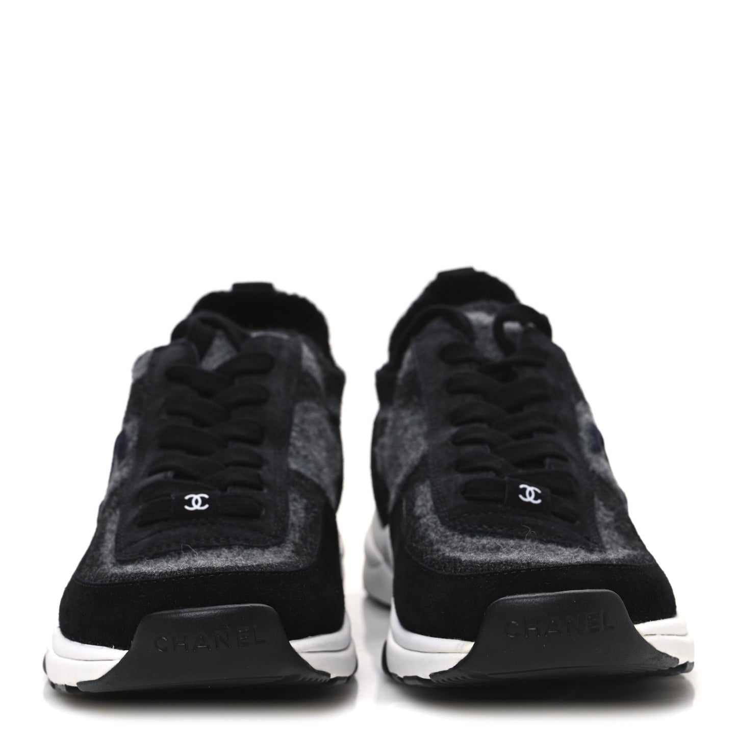 Knit Fabric Suede Calfskin Womens CC Sneakers 39 Black Grey