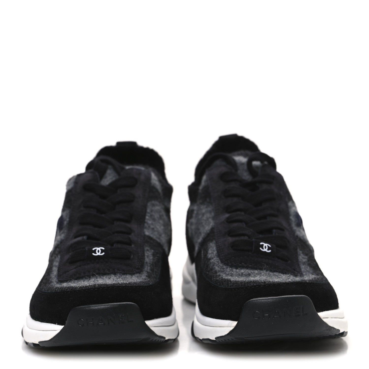 Chanel Knit Fabric Suede Calfskin Womens CC Sneakers 39 Black Grey 3 of 10