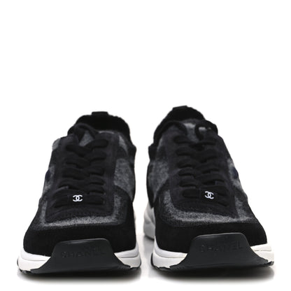 Chanel Knit Fabric Suede Calfskin Womens CC Sneakers 39 Black Grey 3 of 10