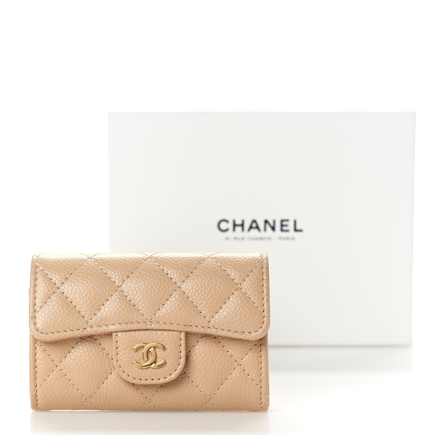Caviar Quilted Flap Card Holder Wallet Beige
