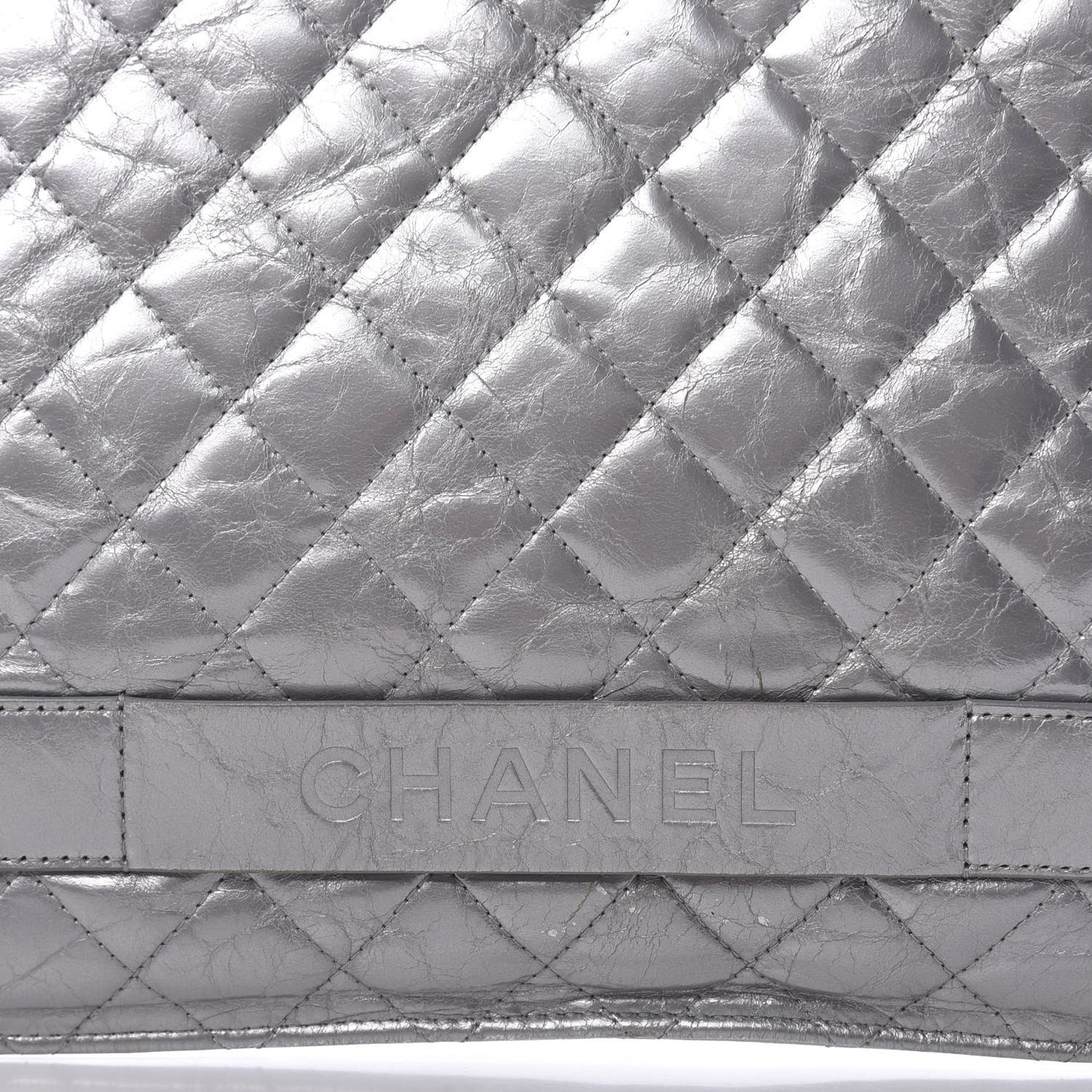 Metallic Crumpled Calfskin Quilted Large Slide Pouch Silver