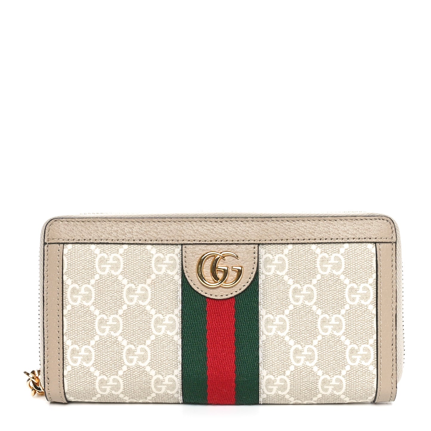 GG Supreme Monogram Textured Dollar Calfskin Web Ophidia Zip Around Wallet Beige Mystic White Oatmeal