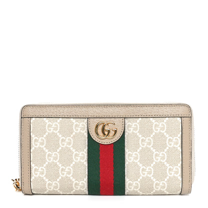Gucci GG Supreme Monogram Textured Dollar Calfskin Web Ophidia Zip Around Wallet Beige Mystic White Oatmeal 1 of 10
