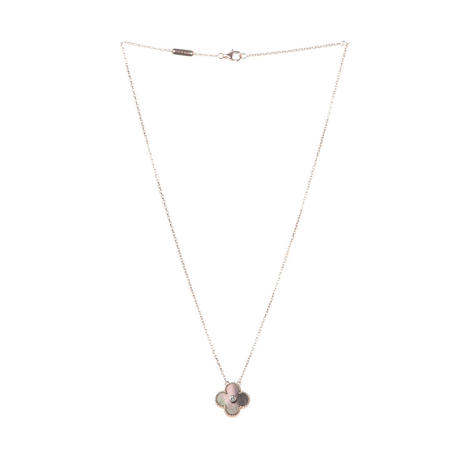 18K Rose Gold Diamond Grey Mother of Pearl Vintage Alhambra Pendant Necklace
