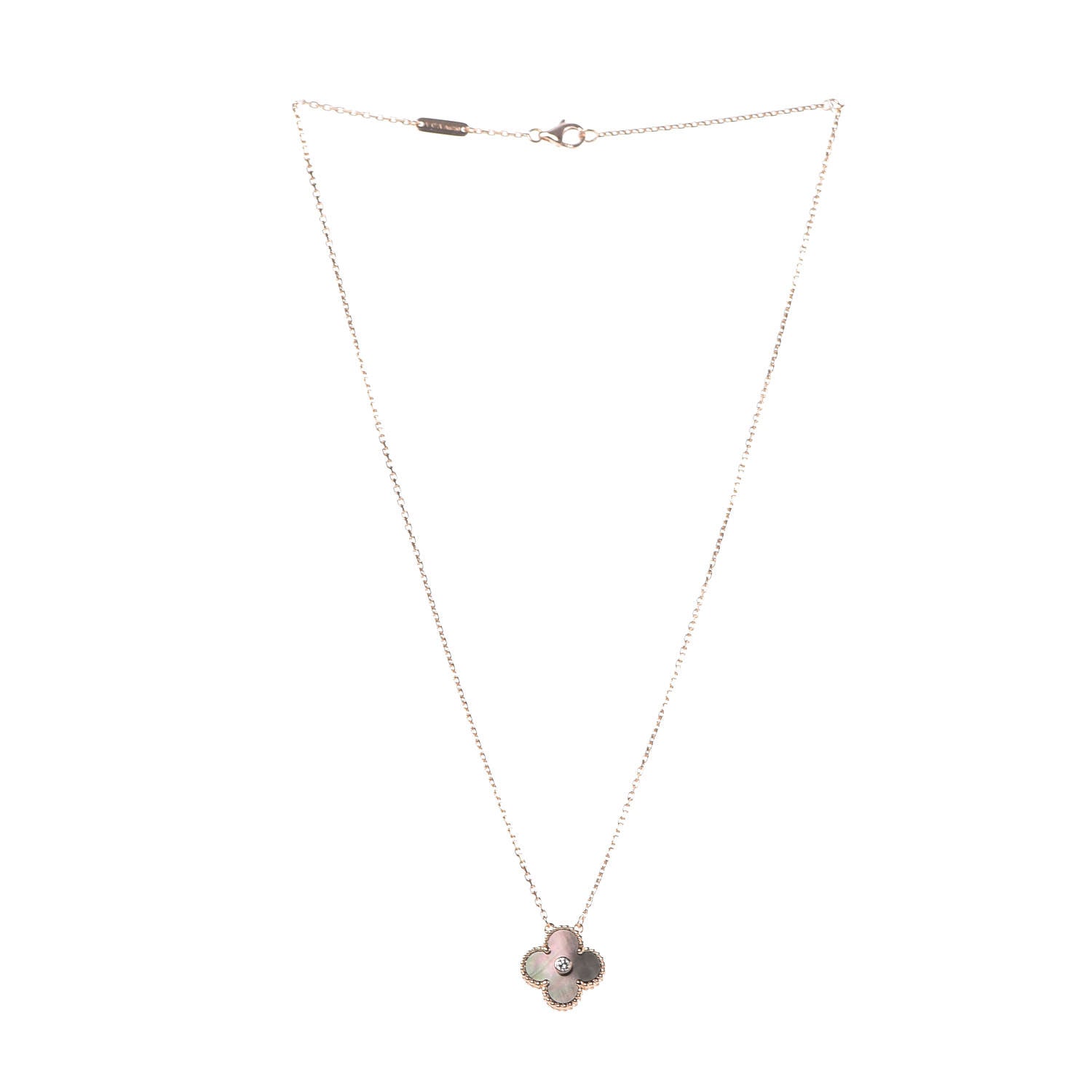 Van Cleef & Arpels 18K Rose Gold Diamond Grey Mother of Pearl Vintage Alhambra Pendant Necklace 3 of 8