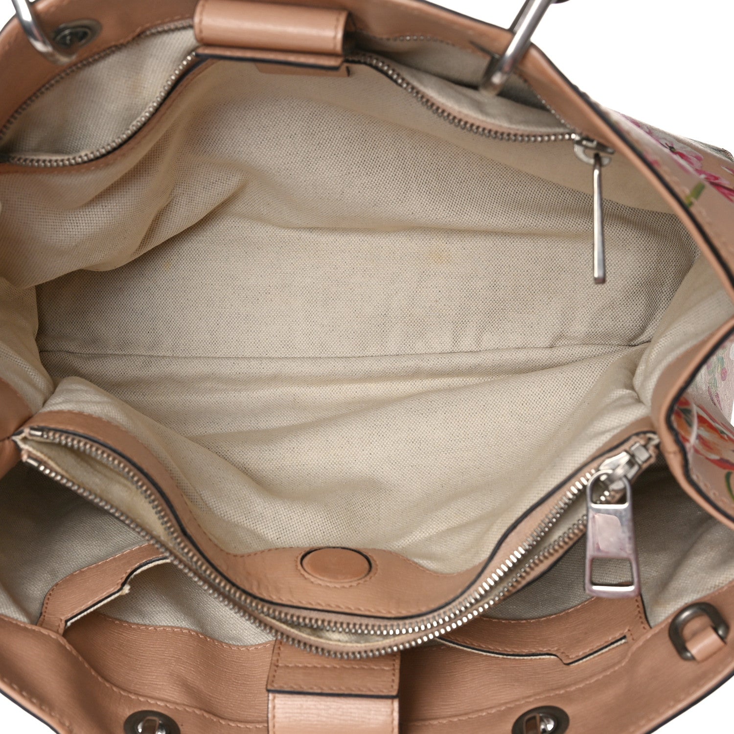 Gucci Shangai Calfskin Blooms Print Medium Bamboo Shopper Tote Pink Apricot Multicolor 5 of 9