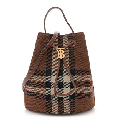 Burberry Knitted Check Calfskin TB Small Drawstring Bucket Bag Dark Birch Brown 1 of 11